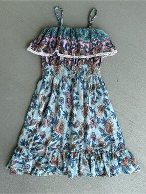 Girls Teal Blue Green Boho Floral Sun Dress, Lace Ruffle Size 7 Yrs Bela & Nuni